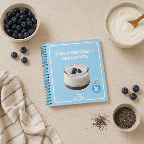 Recetario Yogur con chía y arándanos de make & mess sobre encimera con arándanos y chía